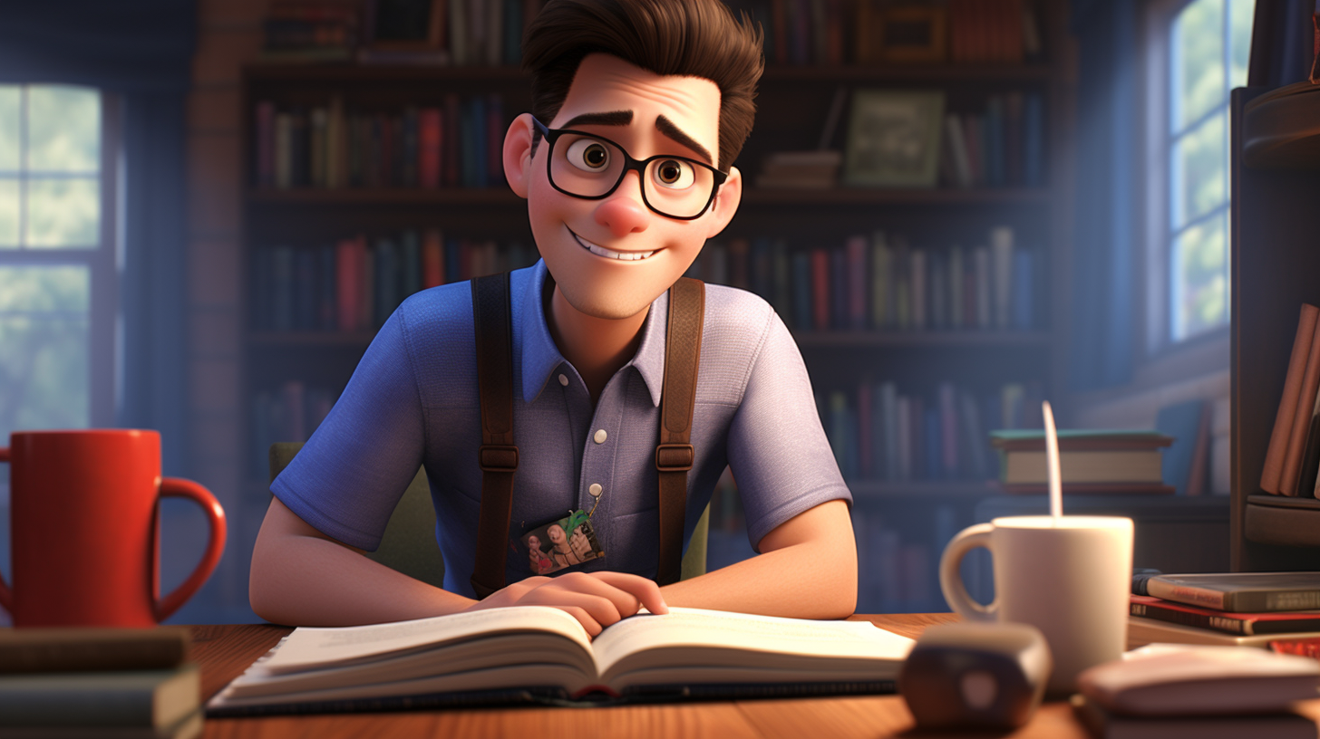 College student motivated and confident in Pixar style