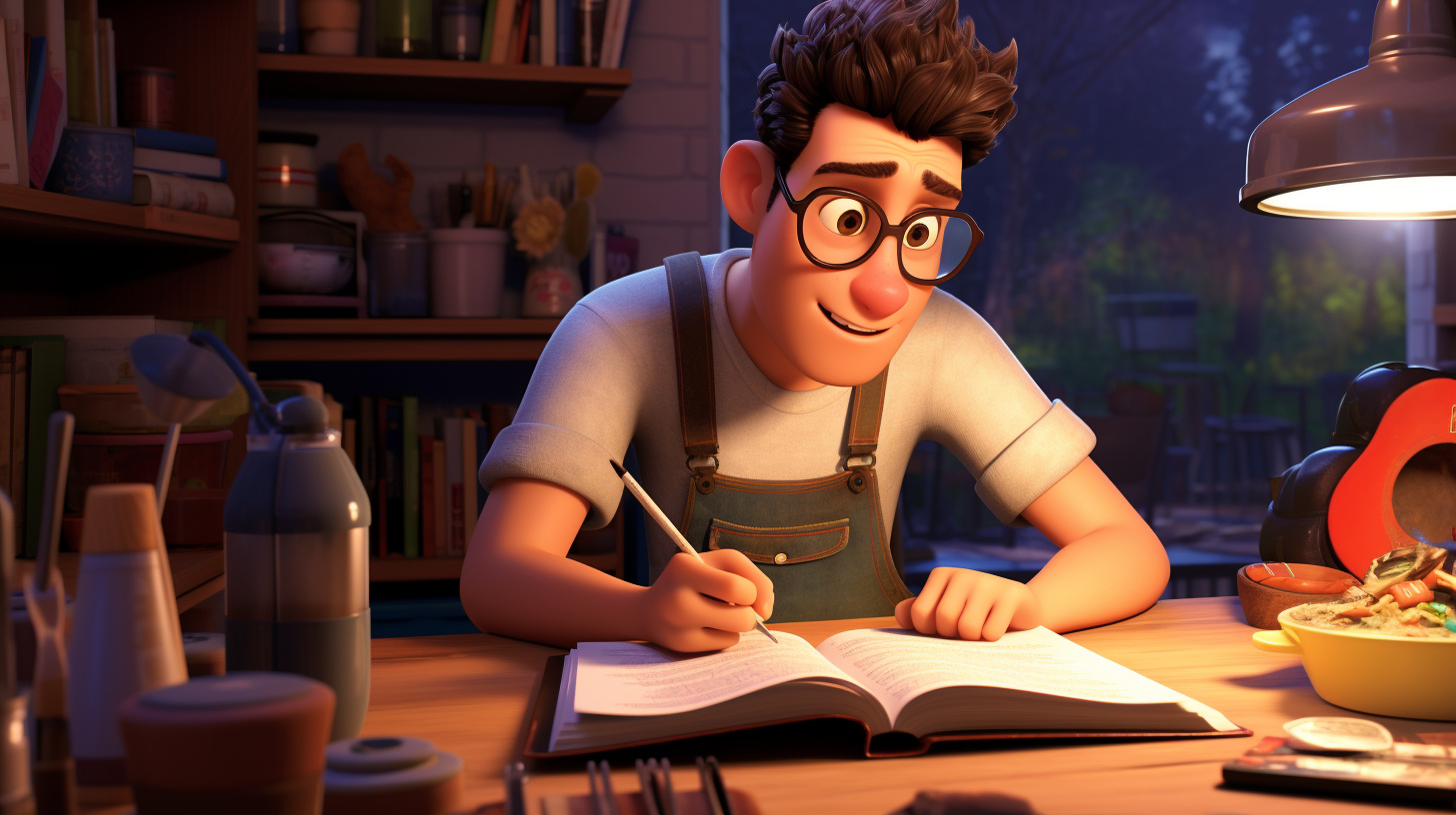 Creative college student writing in Pixar style