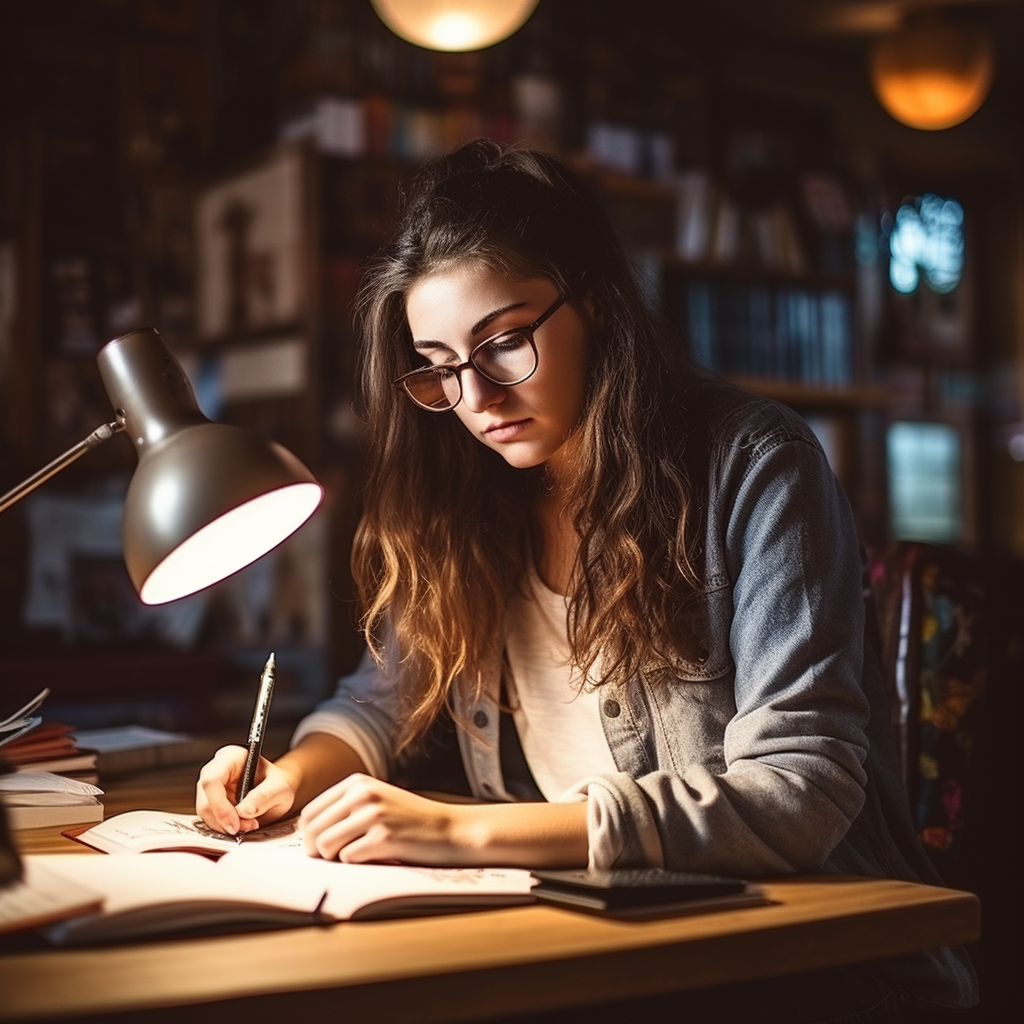 College student writing in library