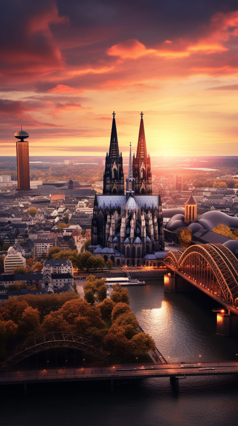 Stunning sunrise view of Cologne Cathedral by the Rhine