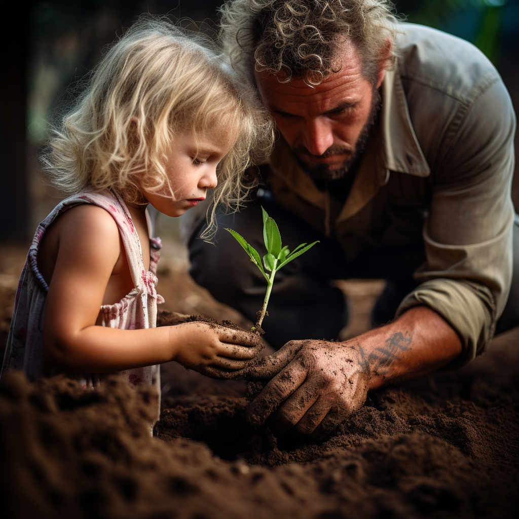 Colombian man and British girl planting a community garden