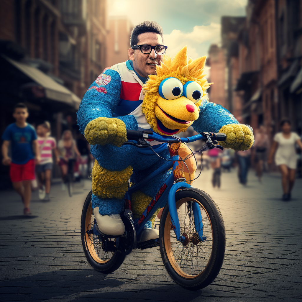 Colombian Cookie Monster riding unicorn through Medellin streets