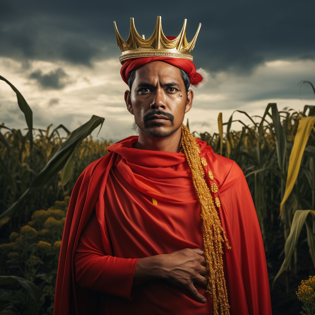 Colombian farmer with red tunic and golden crown