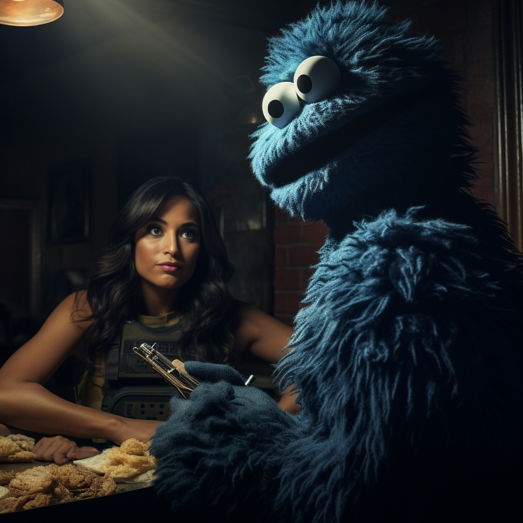 Colombian Spy Woman following Cookie Monster