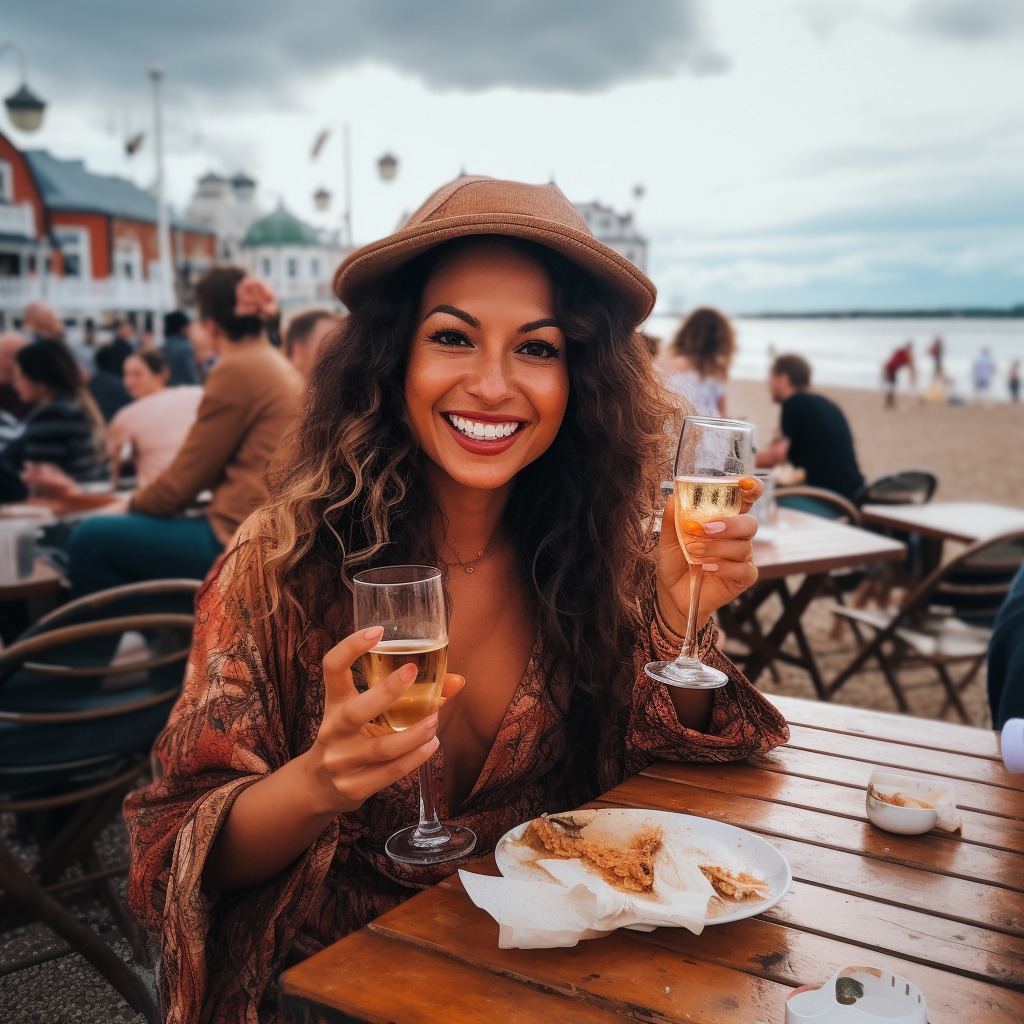 Colombian woman dining in Brighton smiling