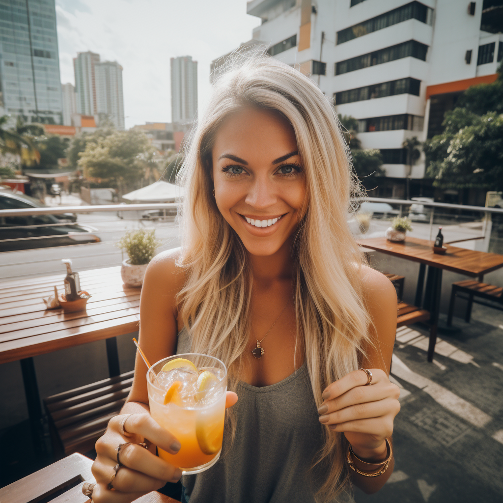 Colombian woman having brunch in Medellin, smiling