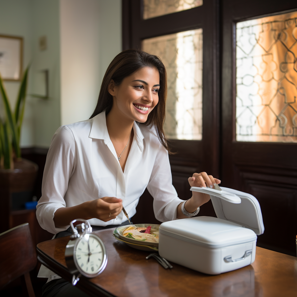 Smiling Colombian Businesswoman with Prepared Meal