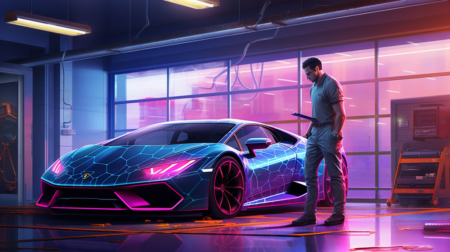 Person applying color-changing wrap to Lamborghini Huracan