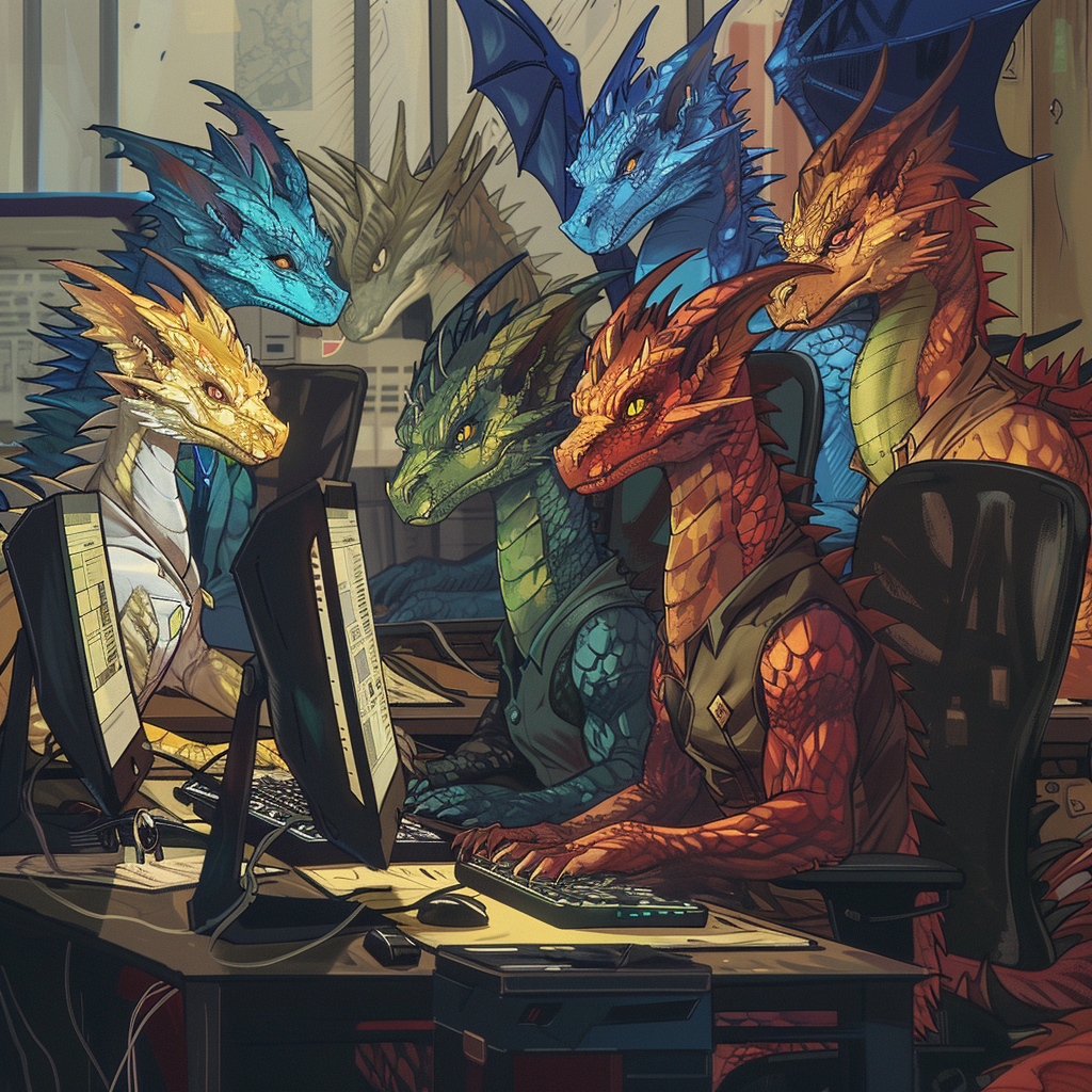 Colorful dragons at computers