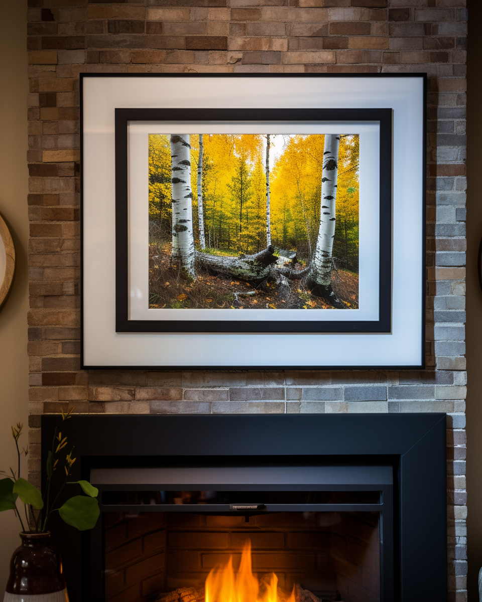 A landscape picture hanging on a wall in a cozy cabin