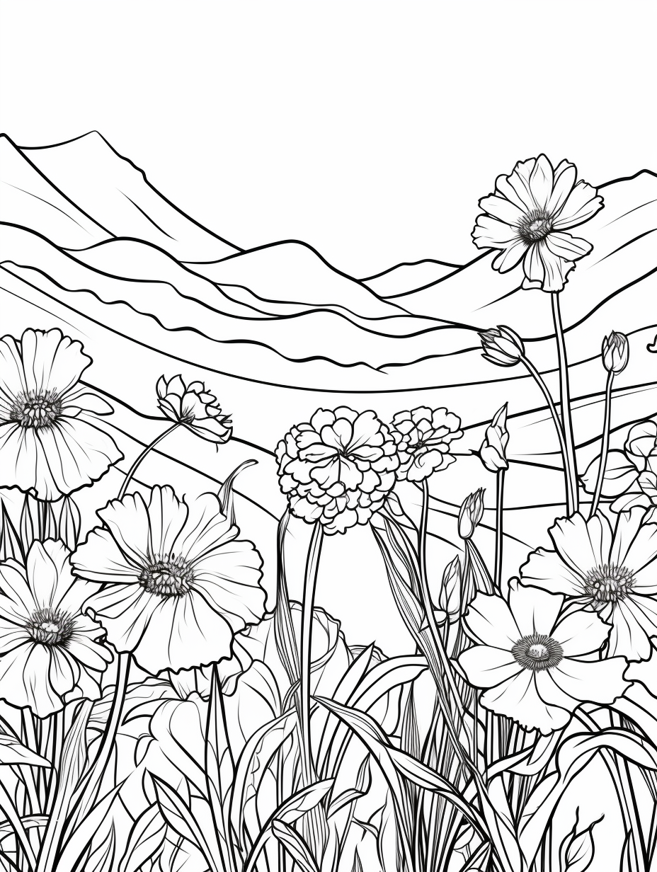 Coloring page of Colorado wildflowers field