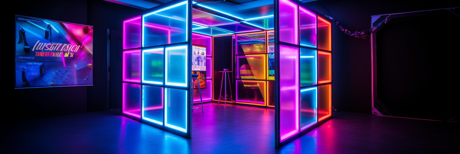 Square photo booth with colored neon lights