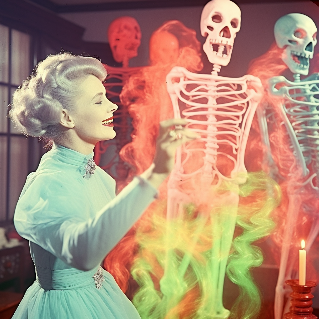 Colorful 1950s Kitsch with Happy Ghost Skeleton Poison