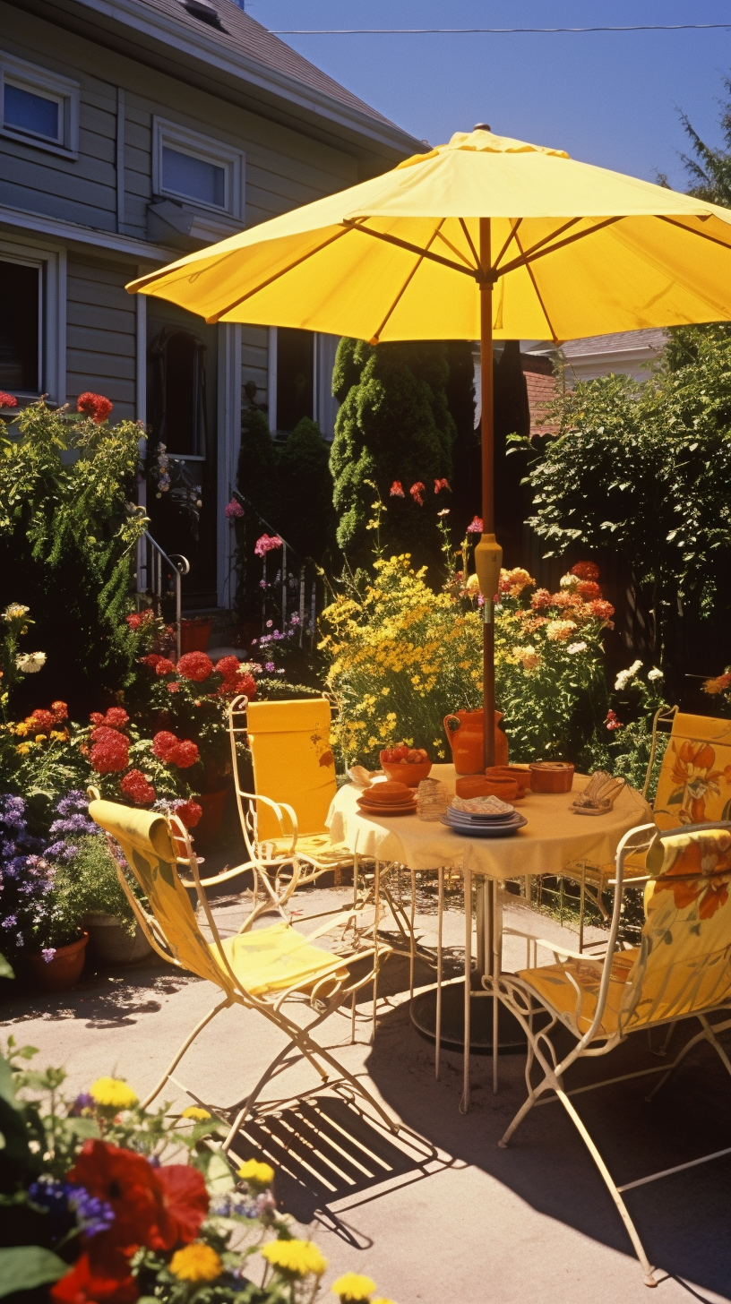 Colorful 1980s garden with outdoor furniture