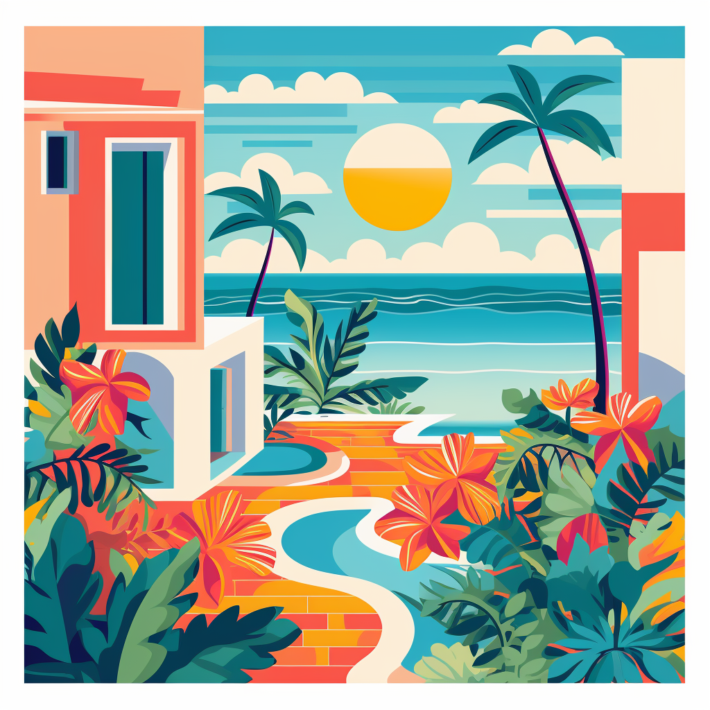 Colorful 70s Ibiza island illustration tile