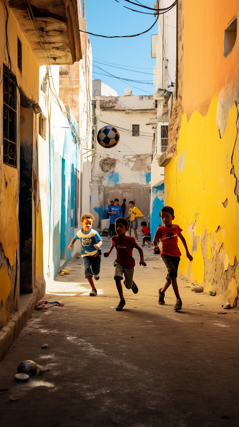 Children playing soccer in a colorful alleyway