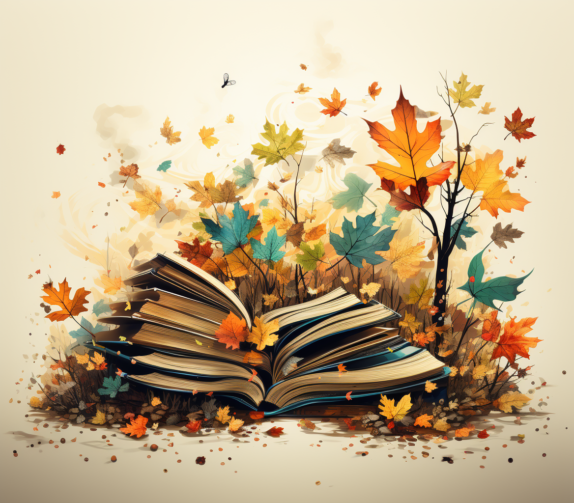 Colorful autumn leaves with books calling