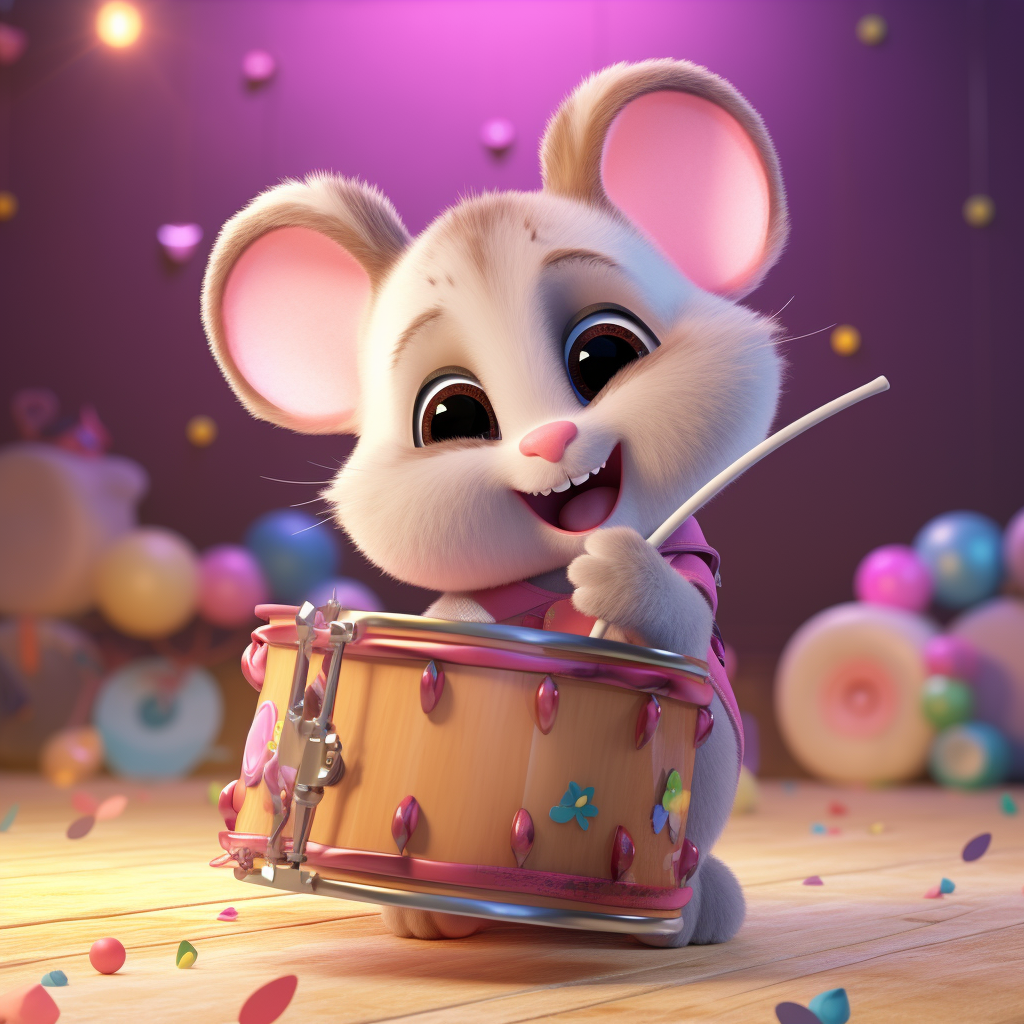 Colorful baby mouse drumming on a drum