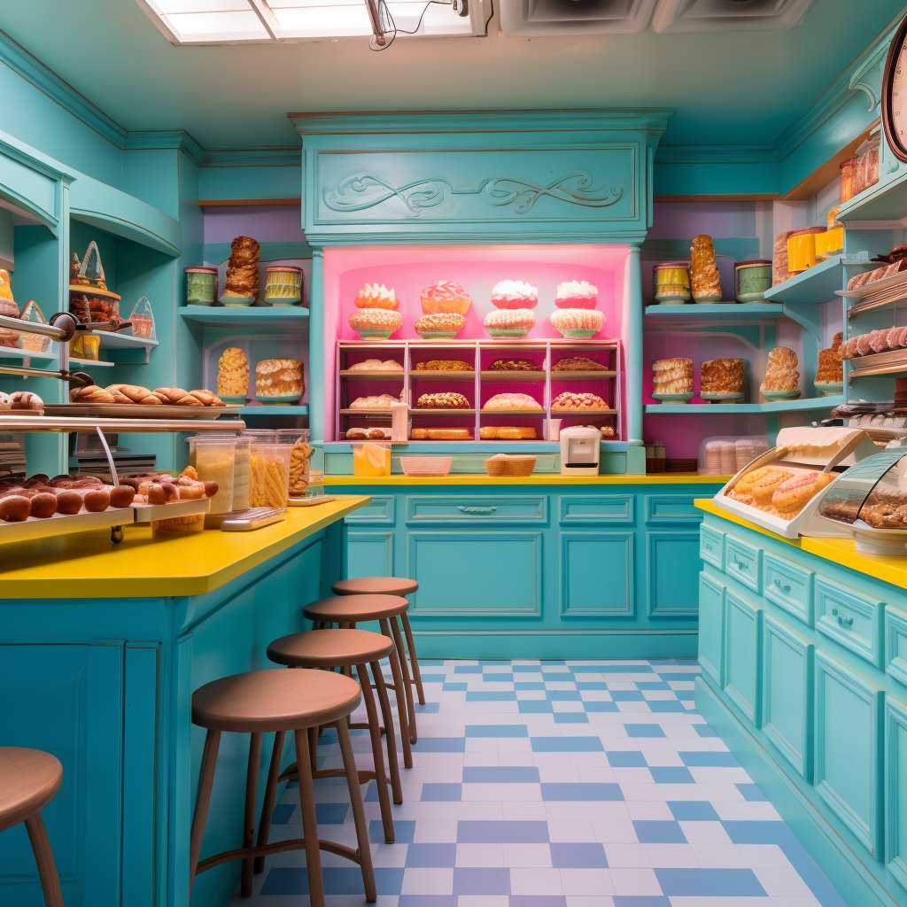 Colorful bakery kitchen with bread and cake