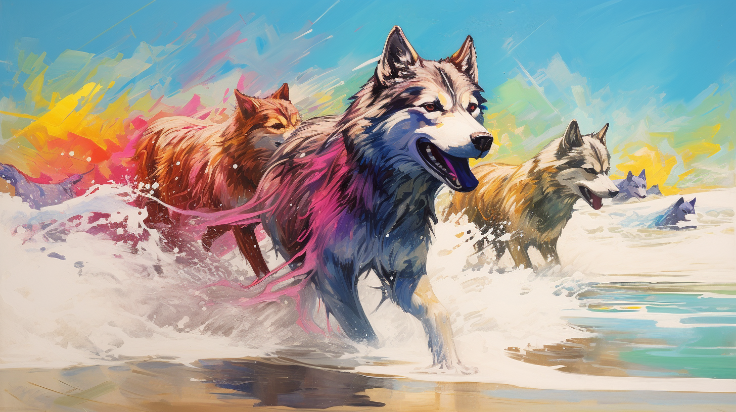 Running wolf on colorful beach