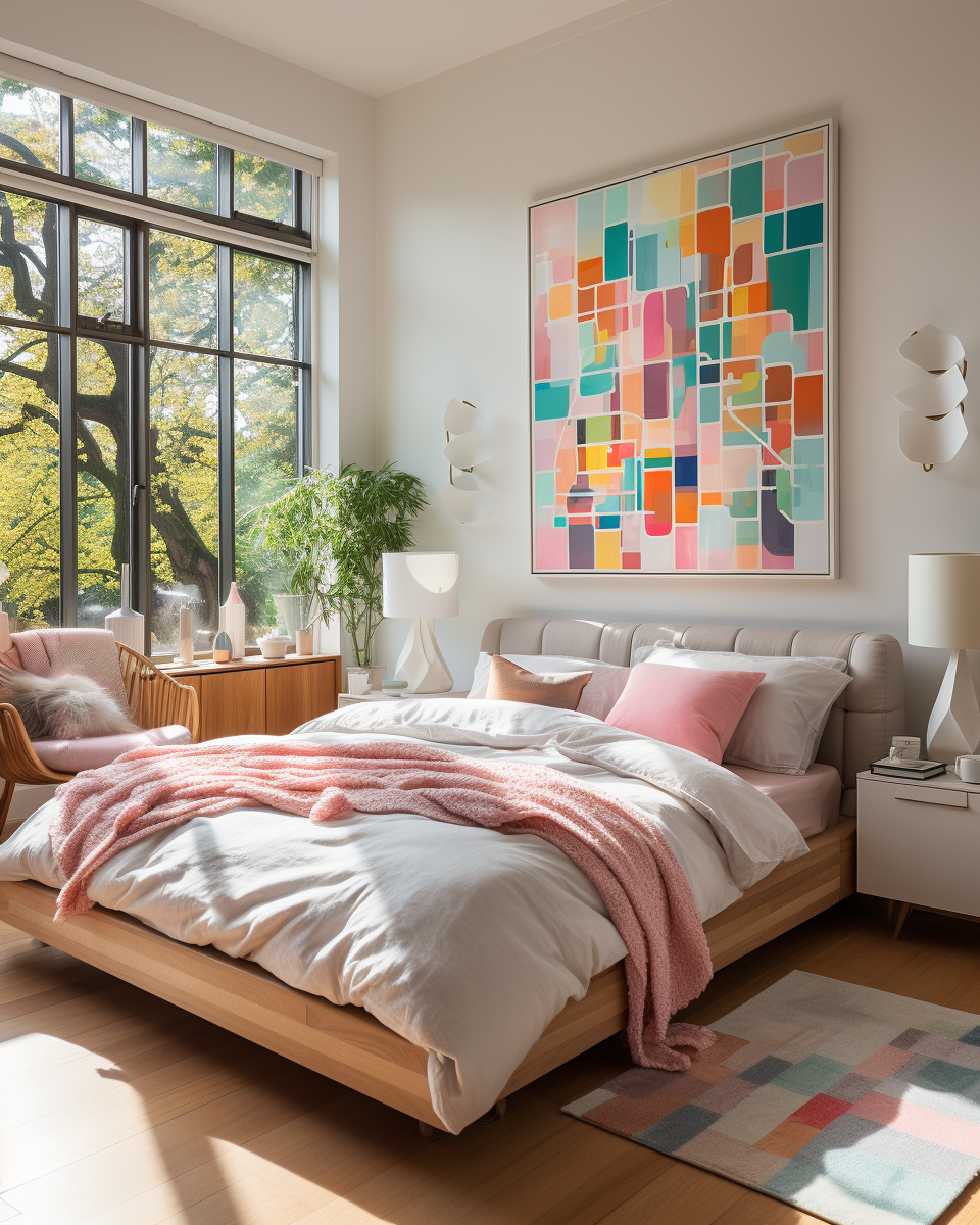 Colorful bedroom with vibrant rug