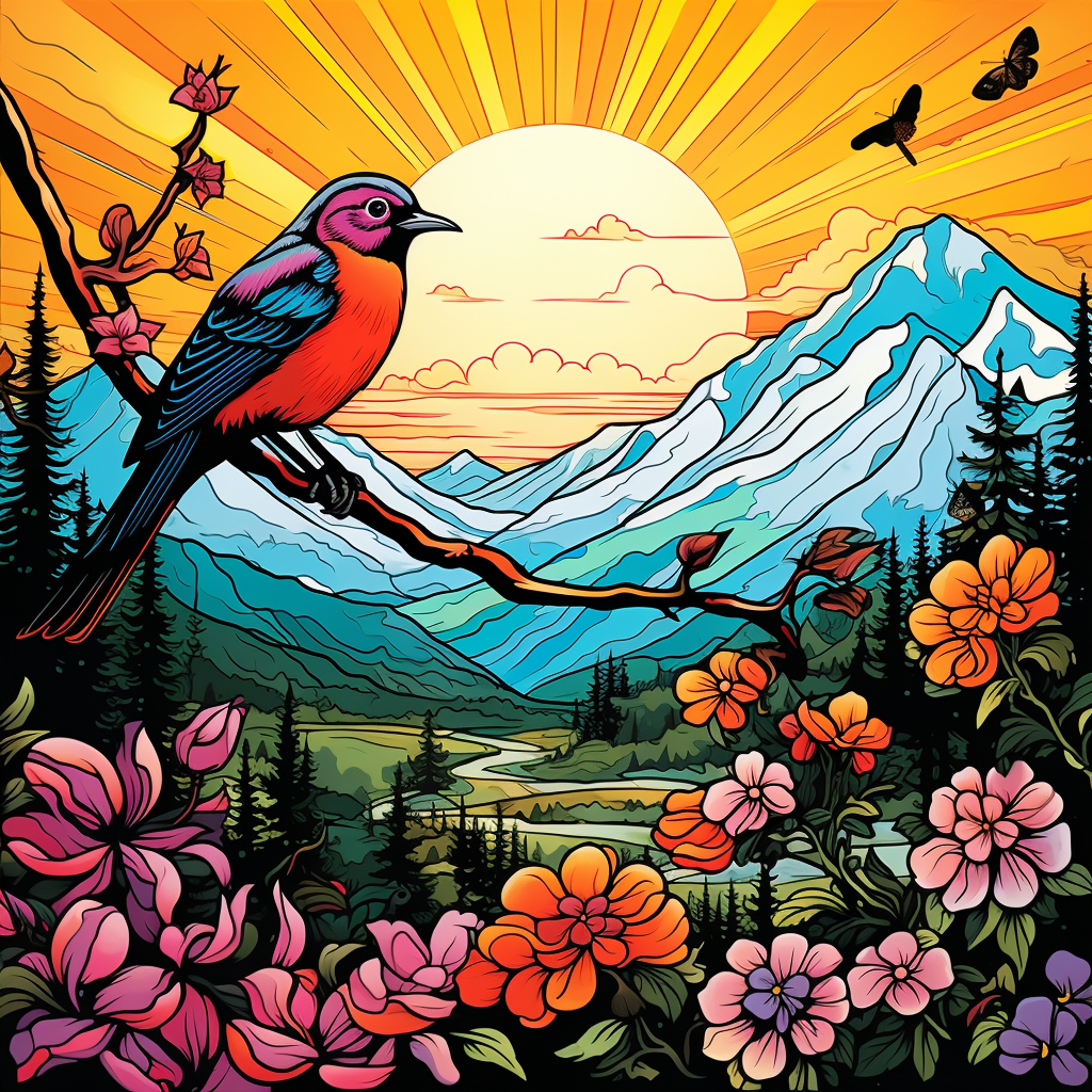 Colorful Bird on Tree with Mountain Background