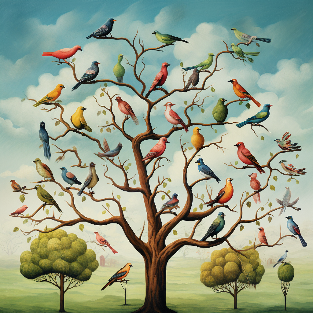 Colorful Birds on Healthy Tree