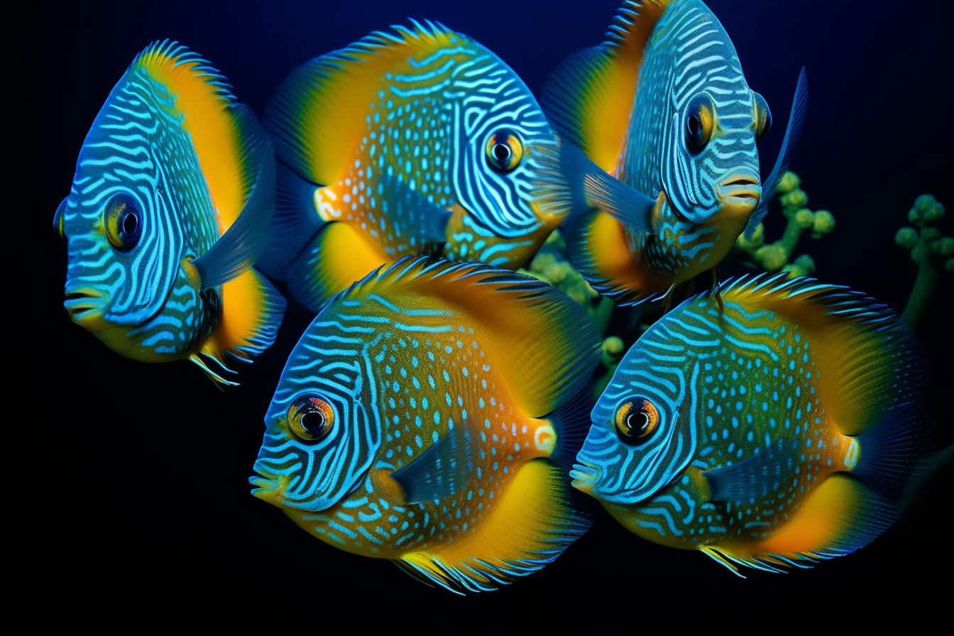 Colorful blue discus fishes swimming underwater