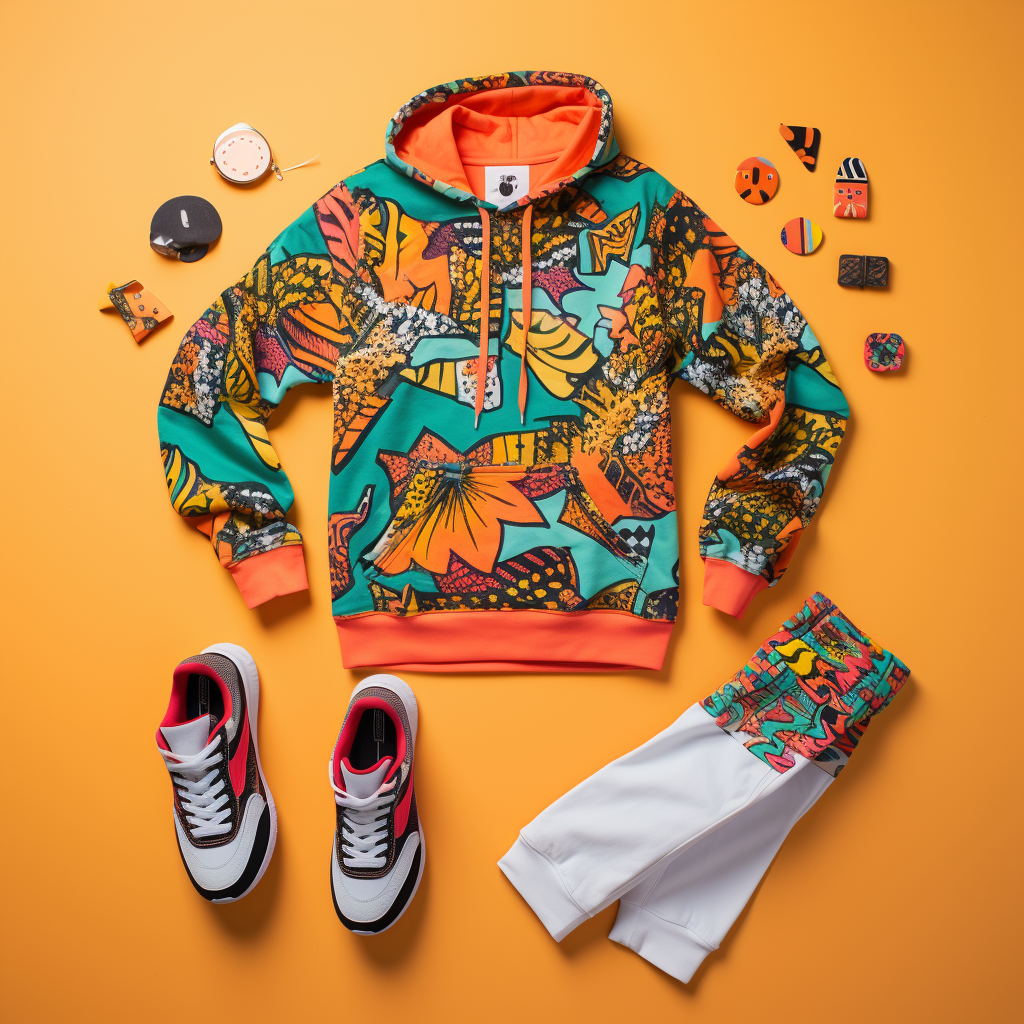 Colorful streetwear set with bold patterns