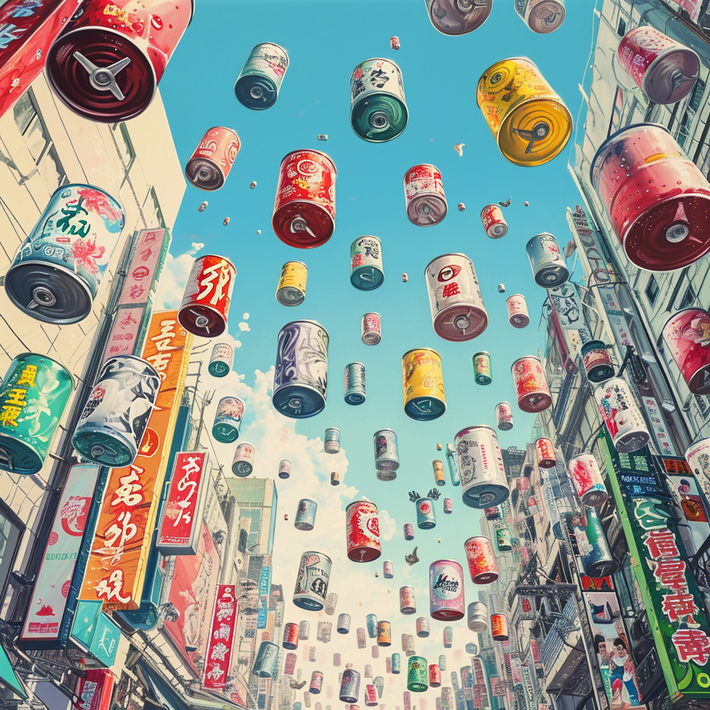 Colorful Bottles Cans Flying Japan