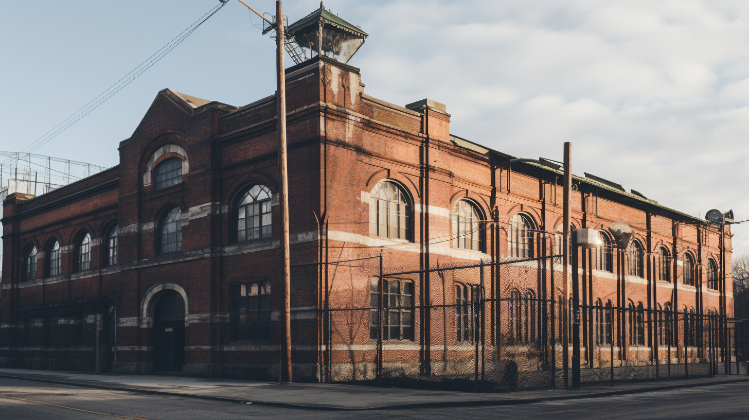 Colorful bright prison exterior view with inmates