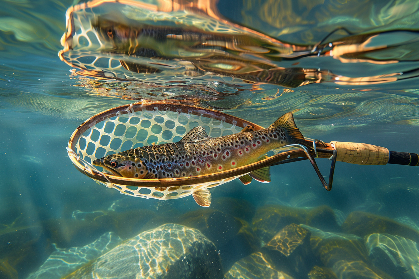 Colorful brown trout in wooden net