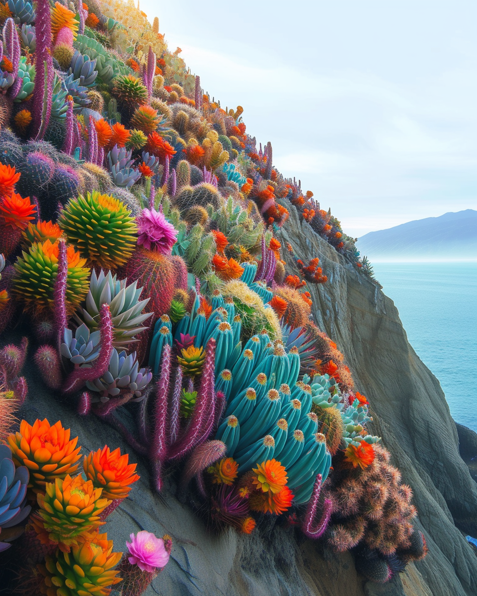 Colorful Cactus on Ocean Cliff