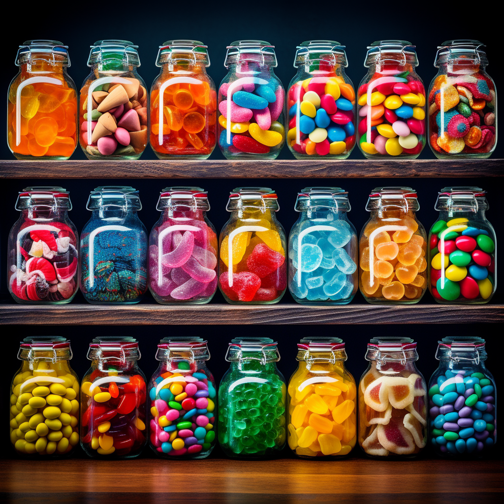 Colorful candy jars neatly organized on shelf