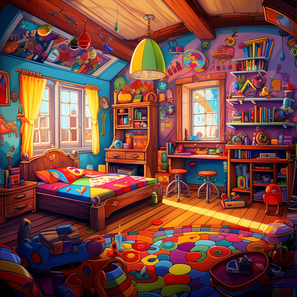 Cartoon illustration of a colorful child's bedroom