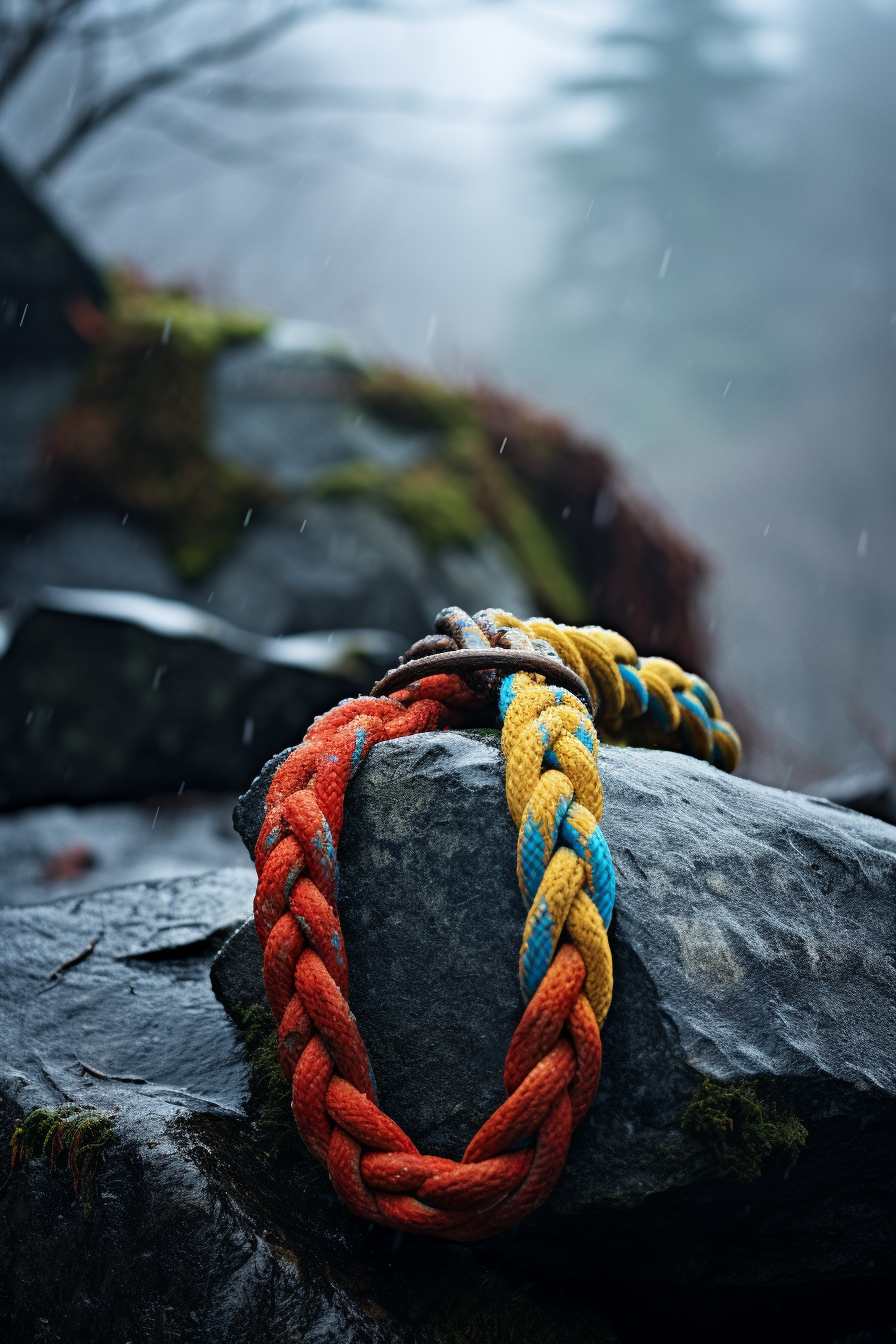 Vibrant climbing rope on stone, surrounded by wood, leaves, and mountains