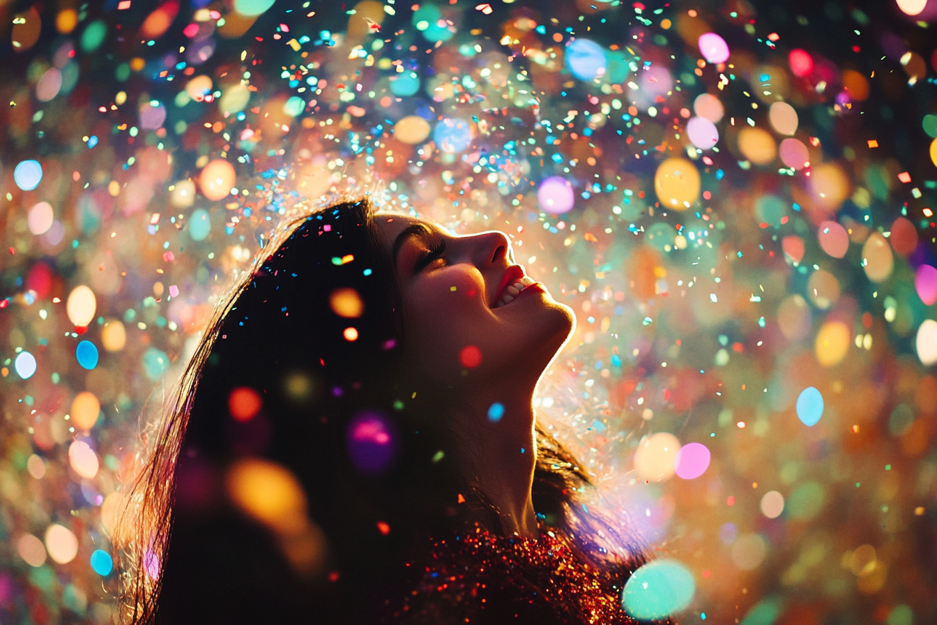 Woman with Colorful Confetti Explosion