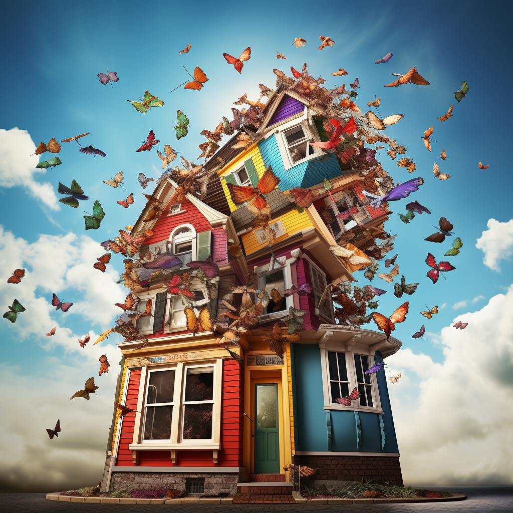 Colorful crooked house with butterflies and birds