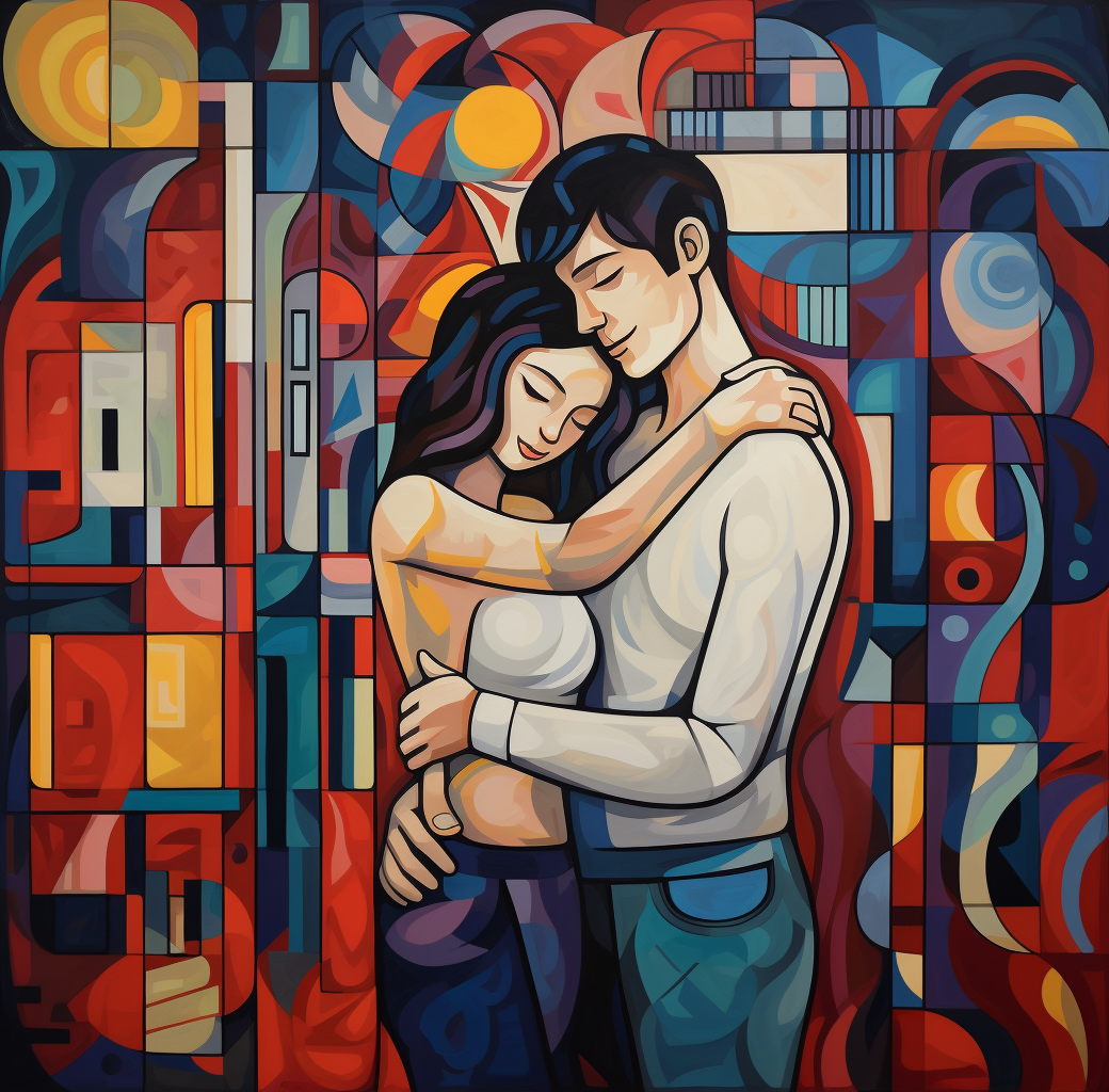 Couple hugging in colorful cubism style