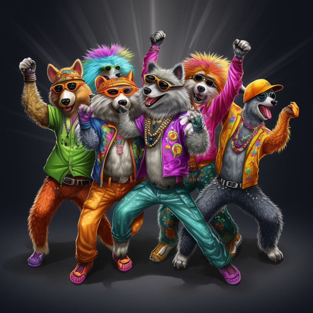 Furries dancing in colorful costumes