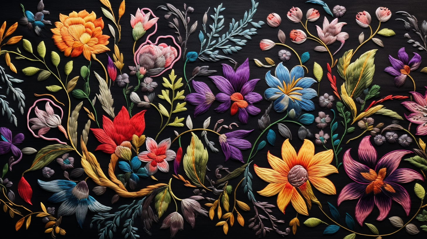 Beautiful embroidered fabric with colorful flowers