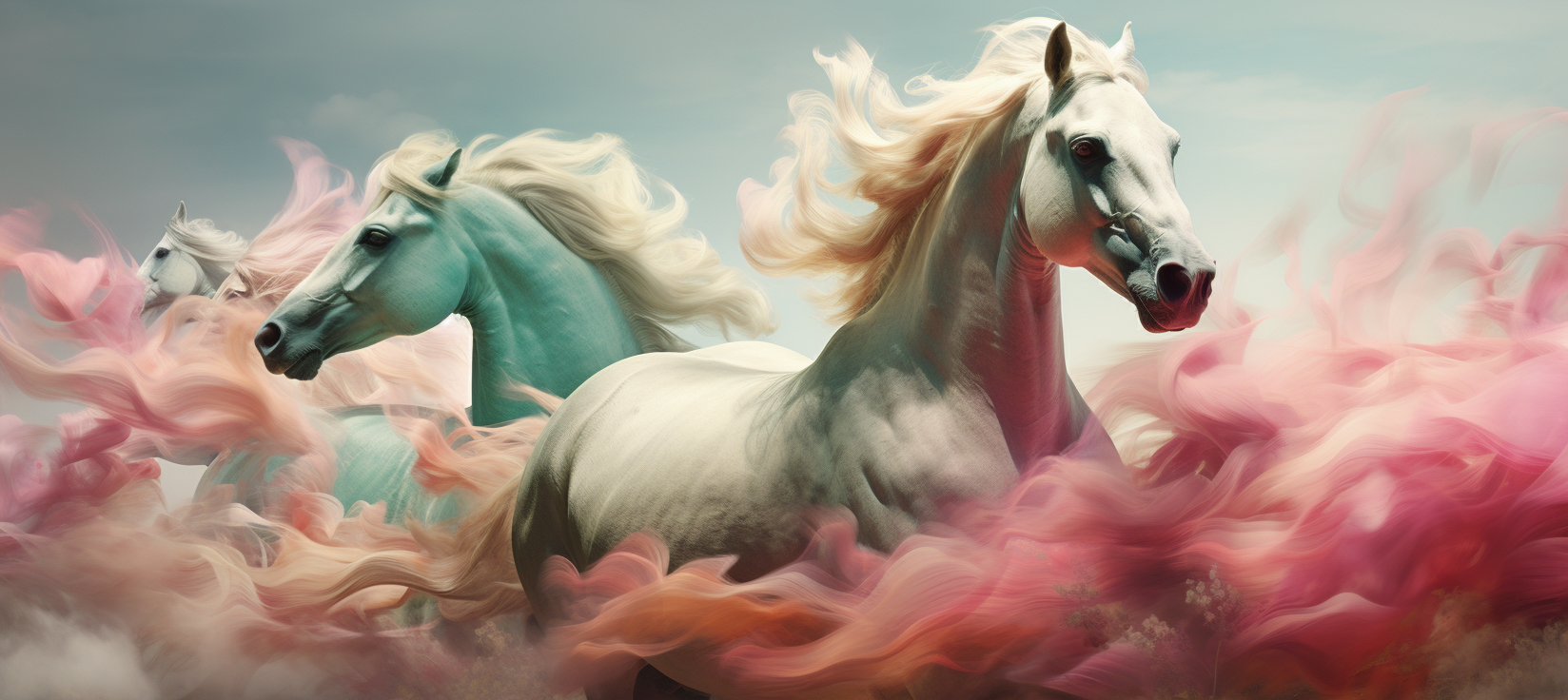 Vibrant swirling horses in dynamic action scenes