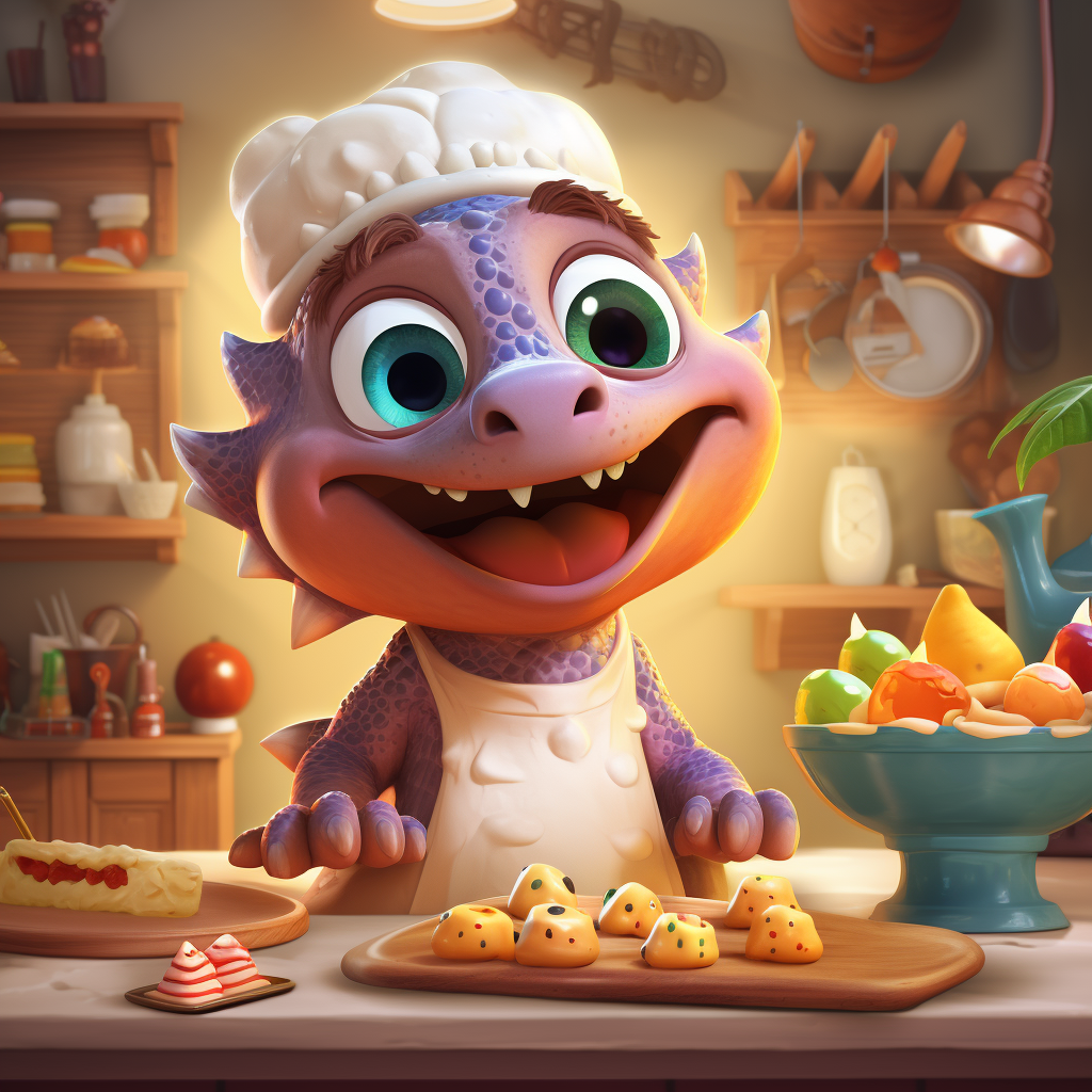 Cute dinosaur chef baking cookies