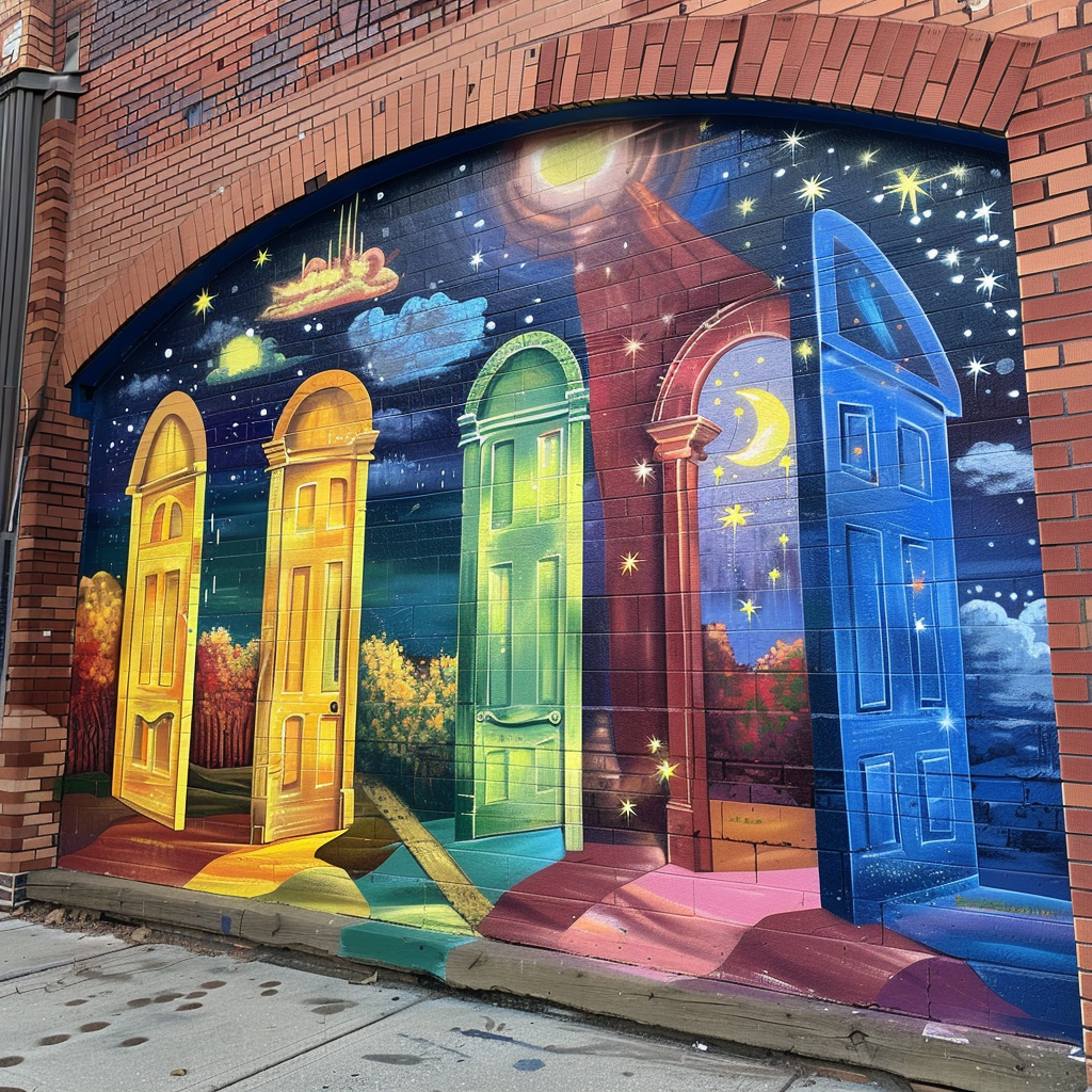 Colorful mural with multiple doorways