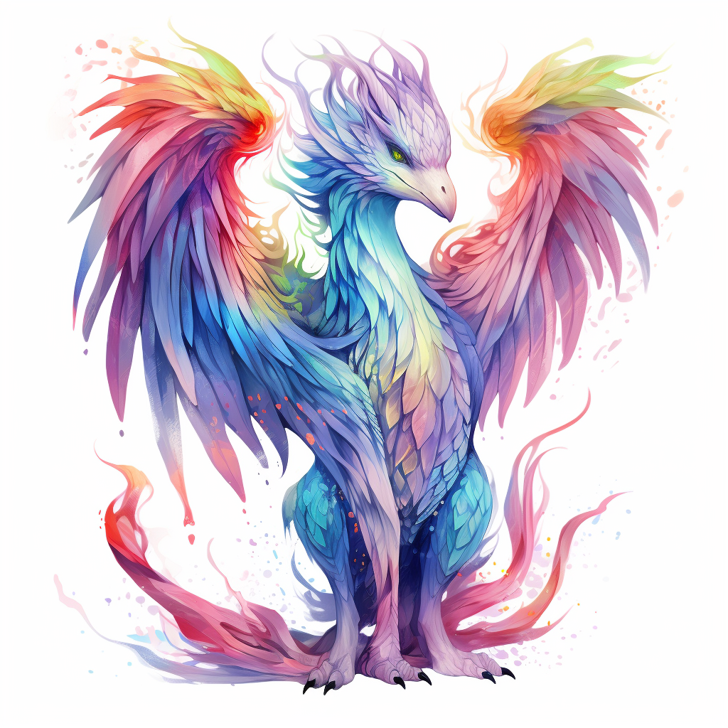 Colorful dragon with feathers, full body, feminine and cute