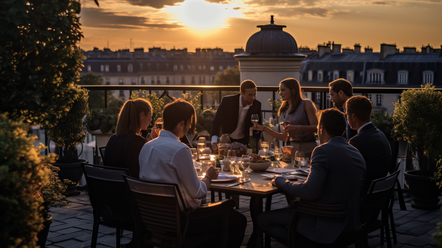 Guests enjoying rooftop dinner