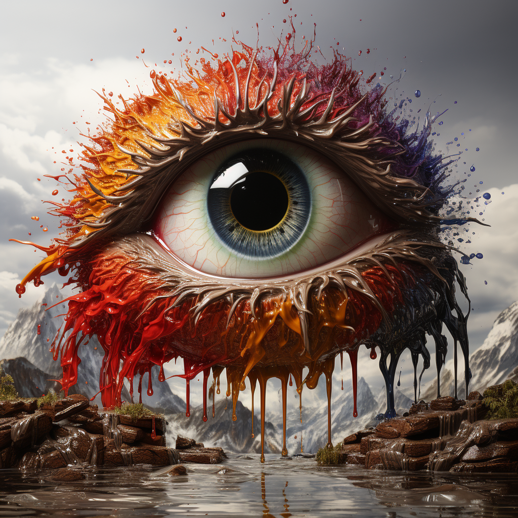 Hyperrealistic eyeball amidst colorful waterfall