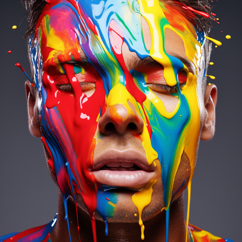 Vibrant paint dripping down man's face