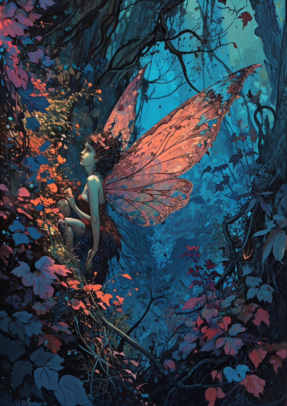 Colorful fae fairy in enchanted forest