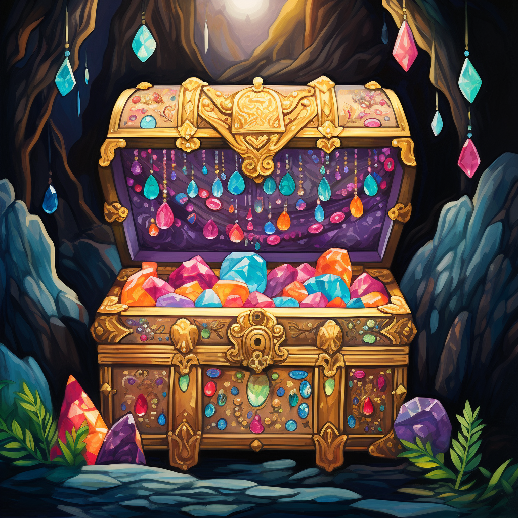 Vibrant fairytale treasure chest in jeweled cave